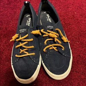 SPERRY TOPSIDERS WOMENS SZ 8 NAVY BLUE CANVAS LEATHER SHOES SHELF PULLS NWOB